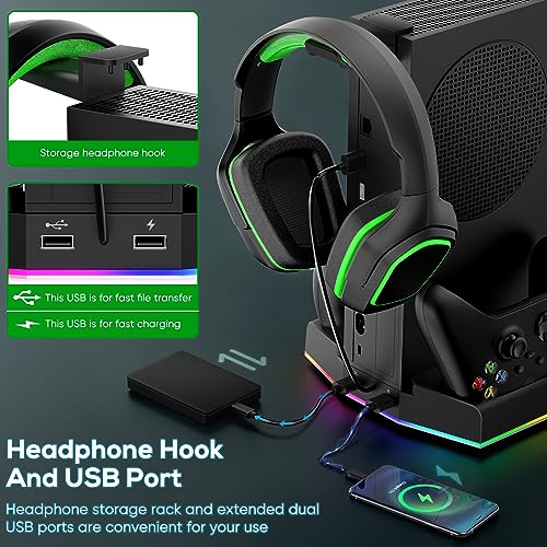 Cooling Stand for Xbox Series S with Charging Station & RGB Light, MENEEA Low Noise Fan for Console & Fast Charger of Controller, Accessories with 2 * 1400mAh Rechargeable Batteries, Headphone Hook