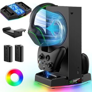 cooling stand for xbox series s with charging station & rgb light, meneea low noise fan for console & fast charger of controller, accessories with 2 * 1400mah rechargeable batteries, headphone hook