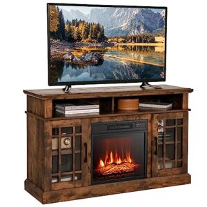 costway electric fireplace tv stand for tvs up to 55 inches, 18-inch fireplace insert with remote, overheat protection, 48-inch wooden media entertainment center with adjustable shelves, brown