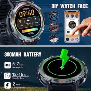 Military Smart Watch for Men with Flashlight(Bluetooth Call/Answer), 1.45” Rugged Tactical Smartwatch for Sleep Heart Rate Pedometer, Outdoor Fitness Tracker Compatible with Android iPhone Black