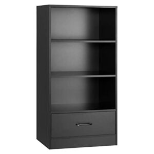 tangkula 3 tier bookcase with drawer, 48”tall freestanding bookshelf with 3 open shelves & 1 drawer, anti-toppling devices, modern display storage organizer for home office (black, 48" h)