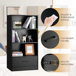 Tangkula 3 Tier Bookcase with Drawer, 48”Tall Freestanding Bookshelf with 3 Open Shelves & 1 Drawer, Anti-toppling Devices, Modern Display Storage Organizer for Home Office (Black, 48" H)