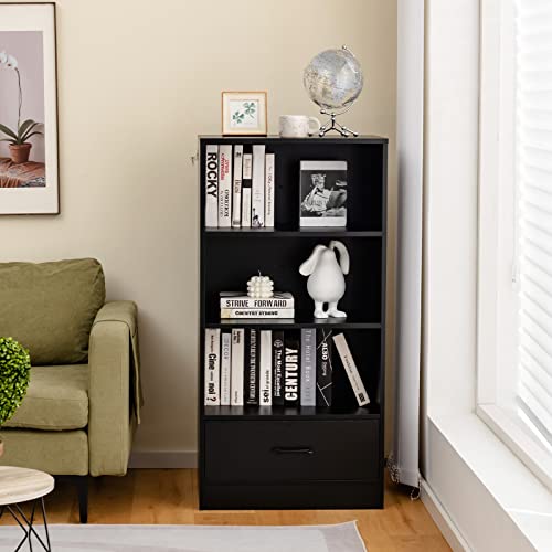 Tangkula 3 Tier Bookcase with Drawer, 48”Tall Freestanding Bookshelf with 3 Open Shelves & 1 Drawer, Anti-toppling Devices, Modern Display Storage Organizer for Home Office (Black, 48" H)