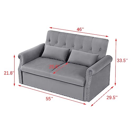 Runboll 55" Loveseat Pull Out Sleeper Sofa Bed Shiny Velvet Adjustable Backrest 2 Seater Couch Bed with 2 Caster Wheels, Lumbar Pillows, Removable Armrest (Grey)