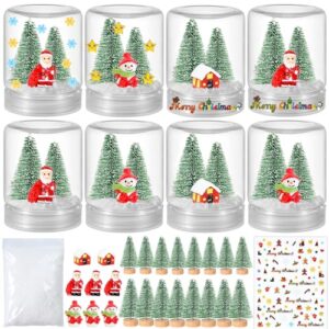 8 set christmas plastic snow globes kit includes 8 clear snow globe, 16 mini xmas trees, 3 snowman, 3 santa claus, 2 house, 1 christmas sticker with artificial snow for diy crafts home winter decor