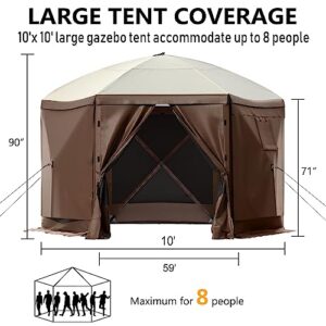 SmarketBuy Gazebo Tent 10 x 10 ft, Pop Up Design Camping Gazebo Tent, 6-Sided Pop-up Canopy Shelter Ten Portable 8 Person Gazebo Screen Tent with Carry Bag for Camping and Backyard Activities