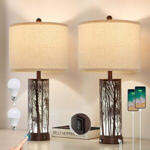 YUNHONG Set of 2 Industrial Table Lamp with USB Ports,Touch Control 3-Way Dimmable Bedroom Lamp, Tree Lamp with White Shade, Brown Metal Forest Lighting for Gothic Bedroom Decor