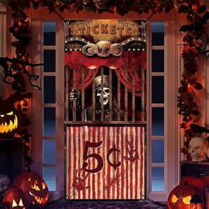 preboun halloween evil circus door cover, halloween door decorations bloody creepy carnival banner evil circus entrance theme door cover halloween backdrop for halloween party decorations, 71 x 35''