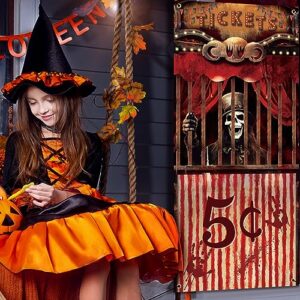 Preboun Halloween Evil Circus Door Cover, Halloween Door Decorations Bloody Creepy Carnival Banner Evil Circus Entrance Theme Door Cover Halloween Backdrop for Halloween Party Decorations, 71 x 35''