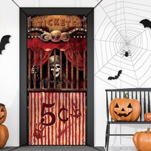 Preboun Halloween Evil Circus Door Cover, Halloween Door Decorations Bloody Creepy Carnival Banner Evil Circus Entrance Theme Door Cover Halloween Backdrop for Halloween Party Decorations, 71 x 35''