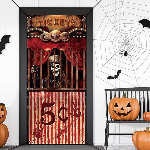 Preboun Halloween Evil Circus Door Cover, Halloween Door Decorations Bloody Creepy Carnival Banner Evil Circus Entrance Theme Door Cover Halloween Backdrop for Halloween Party Decorations, 71 x 35''