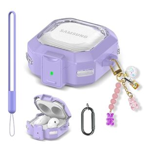 [with secure lock] clear case cover for galaxy buds 2 pro case(2022) /galaxy buds pro case(2021) /galaxy buds 2 case (2021) /galaxy buds live case(2020) with fashion candy keychain (clear purple)