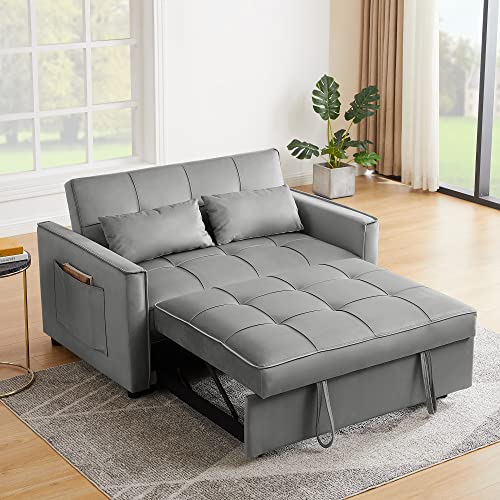 FULife Sleeper Sofa, Convertible Futon Loveseat Sofá Chair 3-in-1, Pullout Chaise Lounge Couch Bed 2 Seaters with Adjustable Back for Living Room Apartment Small Space, Gray 52" w