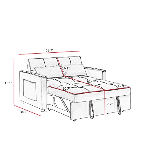 FULife Sleeper Sofa, Convertible Futon Loveseat Sofá Chair 3-in-1, Pullout Chaise Lounge Couch Bed 2 Seaters with Adjustable Back for Living Room Apartment Small Space, Gray 52" w