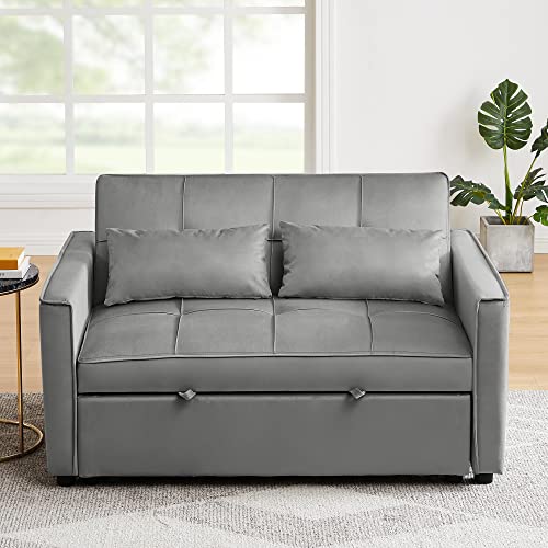 FULife Sleeper Sofa, Convertible Futon Loveseat Sofá Chair 3-in-1, Pullout Chaise Lounge Couch Bed 2 Seaters with Adjustable Back for Living Room Apartment Small Space, Gray 52" w