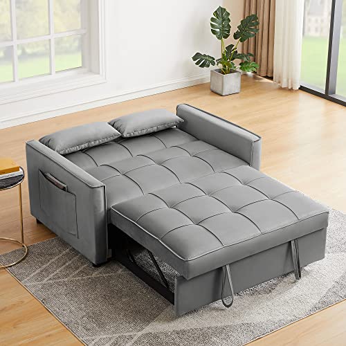 FULife Sleeper Sofa, Convertible Futon Loveseat Sofá Chair 3-in-1, Pullout Chaise Lounge Couch Bed 2 Seaters with Adjustable Back for Living Room Apartment Small Space, Gray 52" w