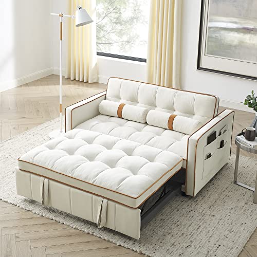 FULife Sleeper Sofa, Convertible Futon Loveseat Sofá Chair 3-in-1, Pullout Chaise Lounge Couch Bed 2 Seaters with Adjustable Back for Living Room Apartment Small Space, Beige 38.5" w