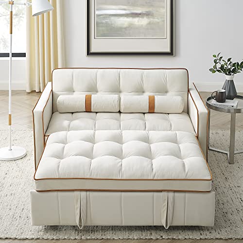 FULife Sleeper Sofa, Convertible Futon Loveseat Sofá Chair 3-in-1, Pullout Chaise Lounge Couch Bed 2 Seaters with Adjustable Back for Living Room Apartment Small Space, Beige 38.5" w