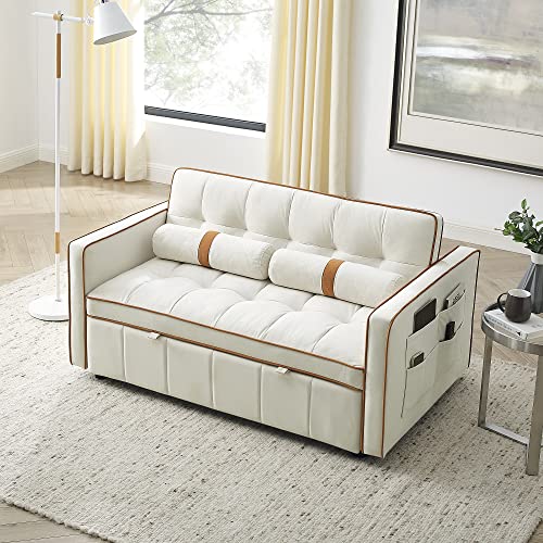 FULife Sleeper Sofa, Convertible Futon Loveseat Sofá Chair 3-in-1, Pullout Chaise Lounge Couch Bed 2 Seaters with Adjustable Back for Living Room Apartment Small Space, Beige 38.5" w