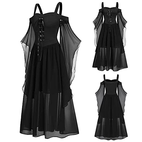 beshionljs Womens Sleeveless Gothic Dress with Corset Renaissance Victorian Peasant Ruffle Lace Swing Cocktail Retro Gown Christmas Holiday Formal Halloween Punk Hippie Dress Black