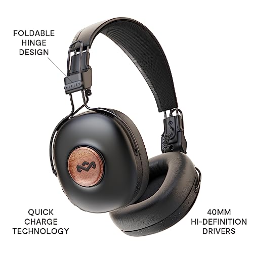 House of Marley Positive Vibration Frequency: Over-Ear Wireless Headphones with Microphone, Wireless Bluetooth Connectivity, 34 Hours of Playtime and Quick Charge Technology, Signature Black
