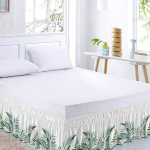 Tropical Bed Skirt Queen Size 16 Inch Drop,Adjustable Elastic Wrap Around Bed Skirts Pleated Luxury Dust Ruffles for Twin Full Queen Cal King Base Bed,Country Rustic Green Palm Tree Leaves Eucalyptus