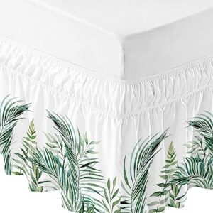 Tropical Bed Skirt Queen Size 16 Inch Drop,Adjustable Elastic Wrap Around Bed Skirts Pleated Luxury Dust Ruffles for Twin Full Queen Cal King Base Bed,Country Rustic Green Palm Tree Leaves Eucalyptus