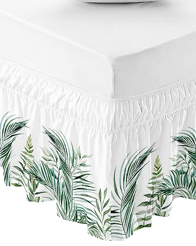 Tropical Bed Skirt Queen Size 16 Inch Drop,Adjustable Elastic Wrap Around Bed Skirts Pleated Luxury Dust Ruffles for Twin Full Queen Cal King Base Bed,Country Rustic Green Palm Tree Leaves Eucalyptus