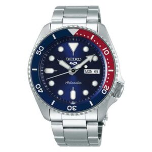 seiko men's blue dial silver stainless steel band 5 sports automatic analog watch
