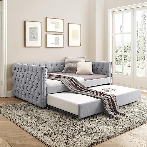 Sofa Bed, Sleeper Sofa- 2 in 1 Pull Out Couch Bed, Sofa Sleeper with Pull Out Bed, with Button and Copper Nail on Square Arms，Full Daybed & Twin Trundle, Grey（85“x57”x31.5“）