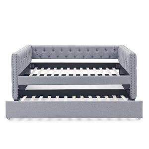 Sofa Bed, Sleeper Sofa- 2 in 1 Pull Out Couch Bed, Sofa Sleeper with Pull Out Bed, with Button and Copper Nail on Square Arms，Full Daybed & Twin Trundle, Grey（85“x57”x31.5“）