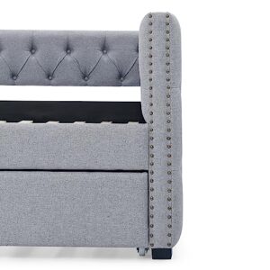 Sofa Bed, Sleeper Sofa- 2 in 1 Pull Out Couch Bed, Sofa Sleeper with Pull Out Bed, with Button and Copper Nail on Square Arms，Full Daybed & Twin Trundle, Grey（85“x57”x31.5“）