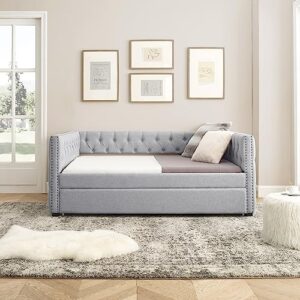 Sofa Bed, Sleeper Sofa- 2 in 1 Pull Out Couch Bed, Sofa Sleeper with Pull Out Bed, with Button and Copper Nail on Square Arms，Full Daybed & Twin Trundle, Grey（85“x57”x31.5“）