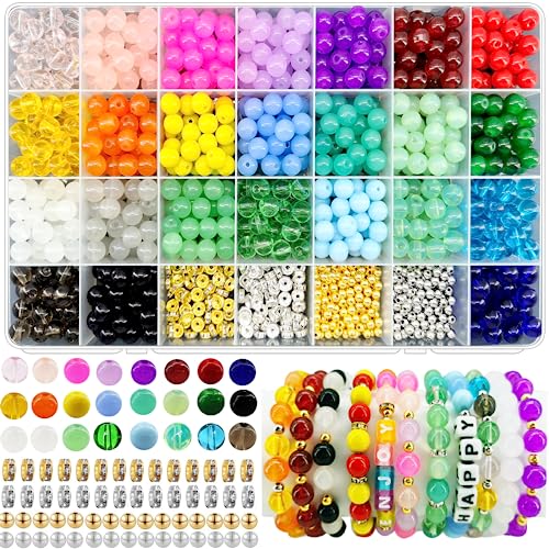 1000Pcs 8mm Glass Beads for Jewelry Making kit with Rondelle Spacer Beads, 24 Color Crystal Beads for Bracelet Making Round Glass Beads Gemstone Beads Bracelet Beads Bulk for DIY Earrings Necklaces