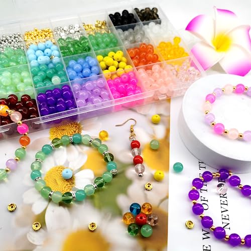 1000Pcs 8mm Glass Beads for Jewelry Making kit with Rondelle Spacer Beads, 24 Color Crystal Beads for Bracelet Making Round Glass Beads Gemstone Beads Bracelet Beads Bulk for DIY Earrings Necklaces