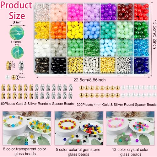 1000Pcs 8mm Glass Beads for Jewelry Making kit with Rondelle Spacer Beads, 24 Color Crystal Beads for Bracelet Making Round Glass Beads Gemstone Beads Bracelet Beads Bulk for DIY Earrings Necklaces