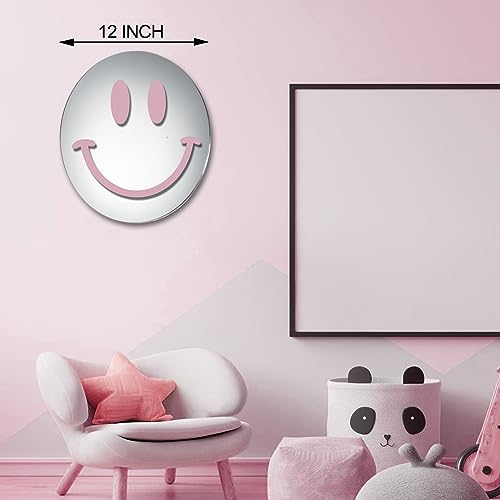 Girls Mirrors for Wall,Preppy Acrylic Non Glass Round Mirror Room Decor Self Adhesive Mirror Aesthetic Mirror（Pink 12 Inch） Wall Decor Art for Teen Girls Kids Hanging Bedroom Bathroom Living Room