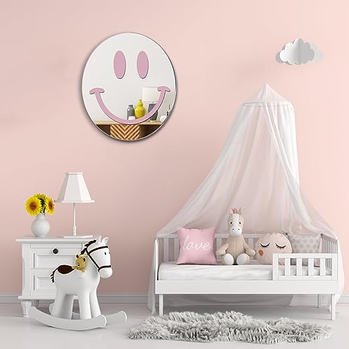 Girls Mirrors for Wall,Preppy Acrylic Non Glass Round Mirror Room Decor Self Adhesive Mirror Aesthetic Mirror（Pink 12 Inch） Wall Decor Art for Teen Girls Kids Hanging Bedroom Bathroom Living Room