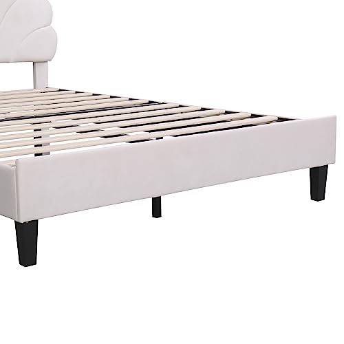 GYYBED Queen Size Upholstered Platform Bed with Flower Pattern Velvet Headboard upholstered Platform Bed Queen Bed Frame no Box Spring Needed (Beige)