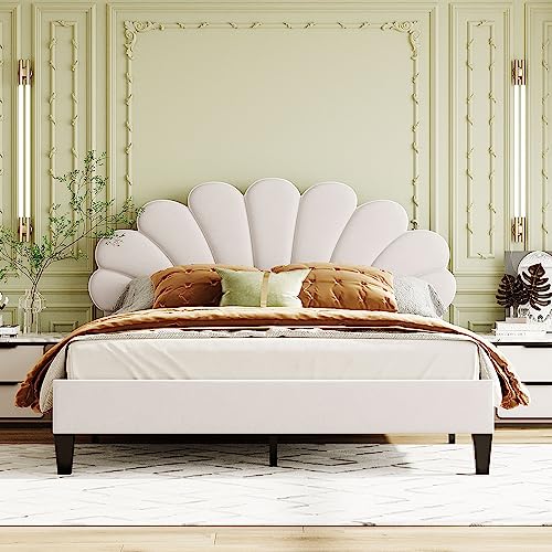 GYYBED Queen Size Upholstered Platform Bed with Flower Pattern Velvet Headboard upholstered Platform Bed Queen Bed Frame no Box Spring Needed (Beige)