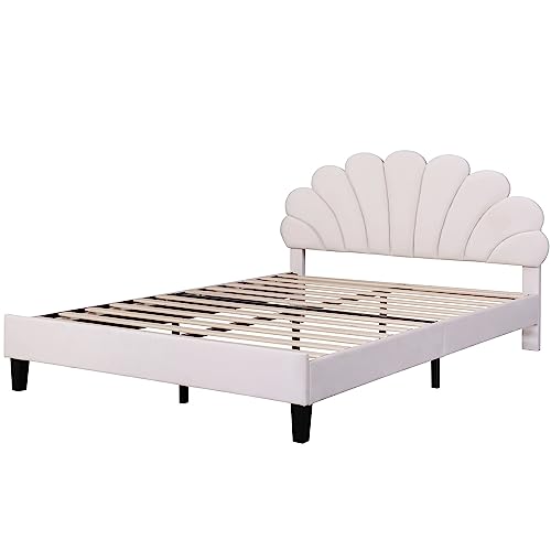 GYYBED Queen Size Upholstered Platform Bed with Flower Pattern Velvet Headboard upholstered Platform Bed Queen Bed Frame no Box Spring Needed (Beige)