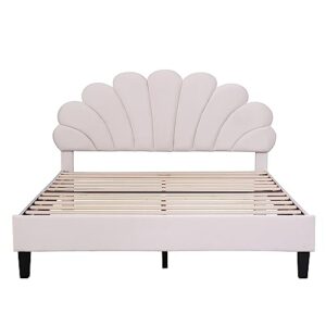 GYYBED Queen Size Upholstered Platform Bed with Flower Pattern Velvet Headboard upholstered Platform Bed Queen Bed Frame no Box Spring Needed (Beige)