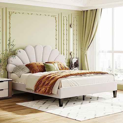 GYYBED Queen Size Upholstered Platform Bed with Flower Pattern Velvet Headboard upholstered Platform Bed Queen Bed Frame no Box Spring Needed (Beige)