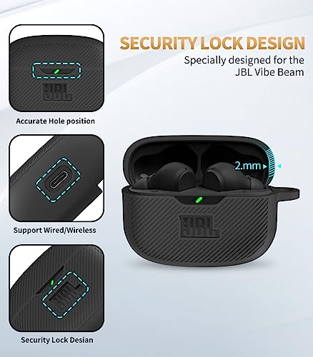 Alquar for JBL Vibe 200TWS Case Cover, Silicone Protective Portable Scratch Shock Cover Compatible with JBL Vibe Beam/JBL Vibe 200TWS True Wireless Headphones Charging Case with Carabiner(Black)