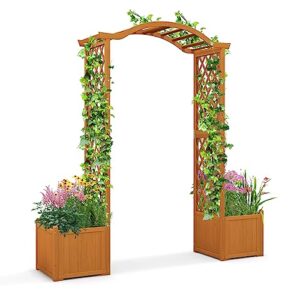 giantex garden arbor with planter, wooden planter arch with trellis, outdoor arch for climbing plants, vegetables, herbs, decorations, arbor archway for wedding, ceremony, party (natural)
