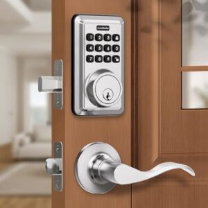 apestellar keyless entry door lock with 2 lever handles - electronic keypad deadbolt - front door lock handle sets - auto lock, anti-peeking password, easy installation - satin nickel