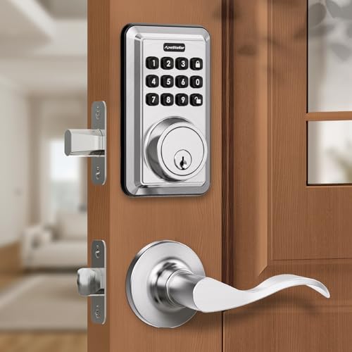 ApeStellar Keyless Entry Door Lock with 2 Lever Handles - Electronic Keypad Deadbolt - Front Door Lock Handle Sets - Auto Lock, Anti-Peeking Password, Easy Installation - Satin Nickel