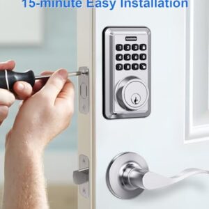 ApeStellar Keyless Entry Door Lock with 2 Lever Handles - Electronic Keypad Deadbolt - Front Door Lock Handle Sets - Auto Lock, Anti-Peeking Password, Easy Installation - Satin Nickel