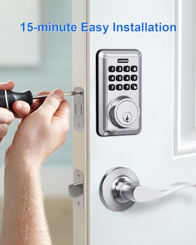 ApeStellar Keyless Entry Door Lock with 2 Lever Handles - Electronic Keypad Deadbolt - Front Door Lock Handle Sets - Auto Lock, Anti-Peeking Password, Easy Installation - Satin Nickel