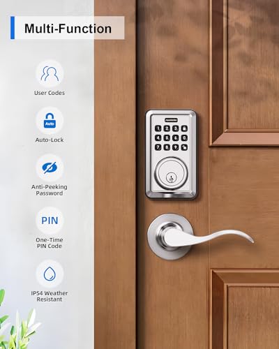 ApeStellar Keyless Entry Door Lock with 2 Lever Handles - Electronic Keypad Deadbolt - Front Door Lock Handle Sets - Auto Lock, Anti-Peeking Password, Easy Installation - Satin Nickel